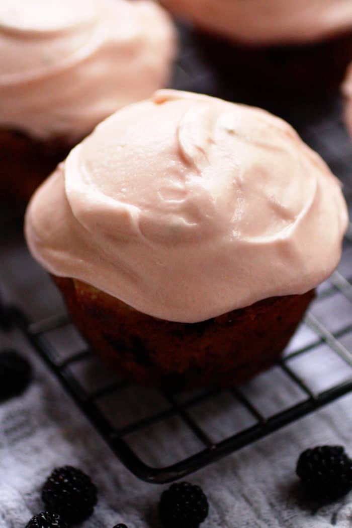 blackberry cupcake, cream cheese frosting, blackberry lime cream cheese frosting