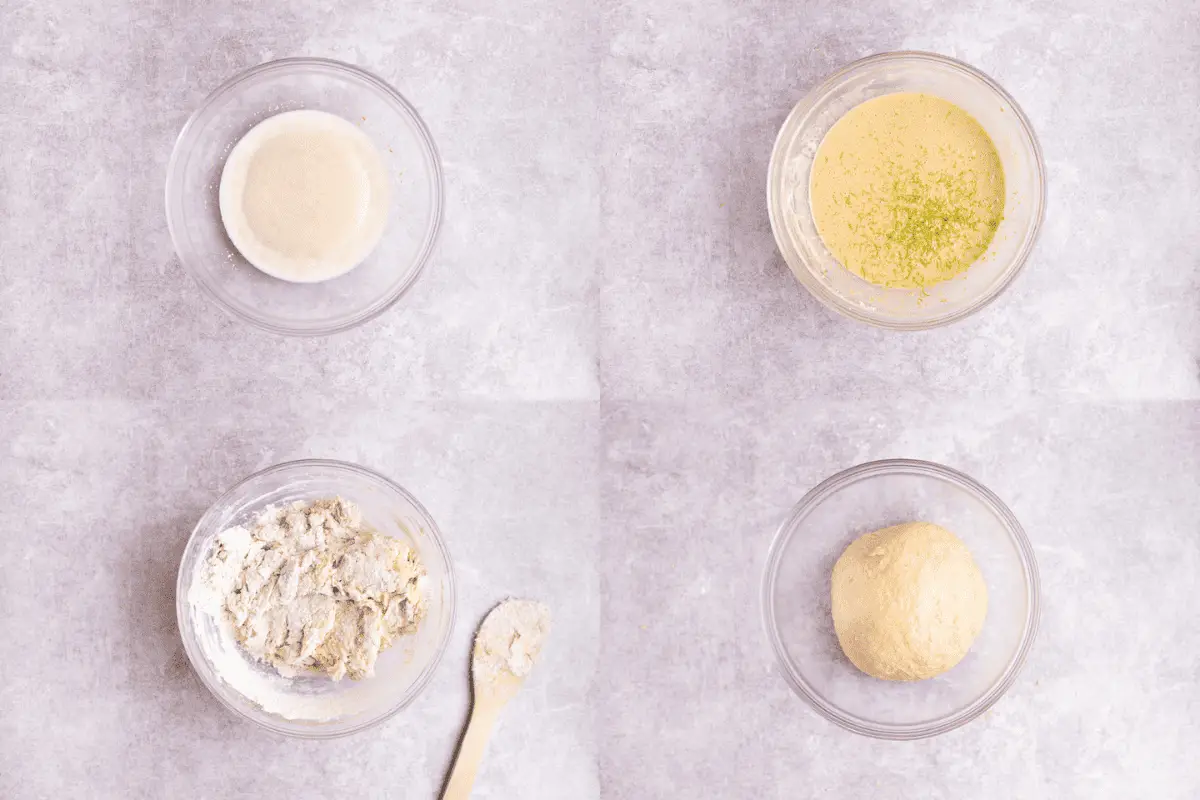 Collage showing four steps of how to make Pão De Deus dough.