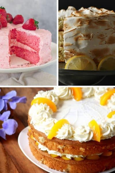 strawberry cake, lemon meringue cake and peaches and cream cake
