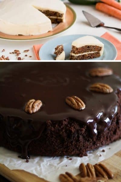 carrot cake, chocolate cake with coconut chocolate ganache