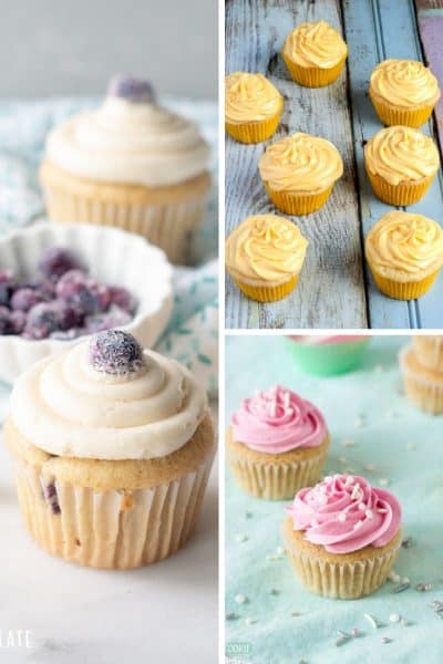 blueberry cupcakes, lemon cupcakes, vanilla cupcakes