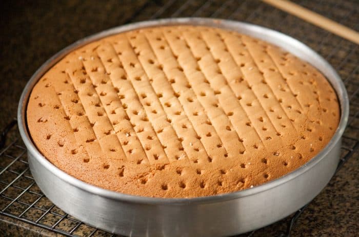 sponge cake on a round tin