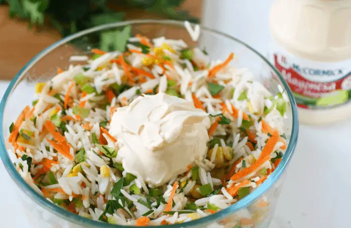 bowl with rice, veggies, and a dollop of mayo