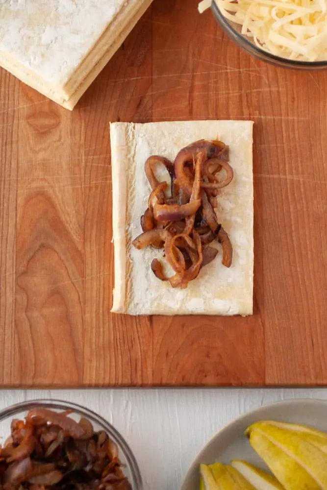 puff pastry, caramelized onion in the middle