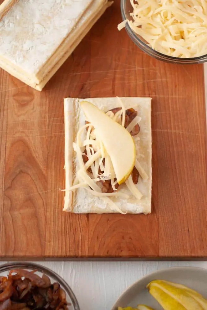 puff pastry, onion, cheese and pear