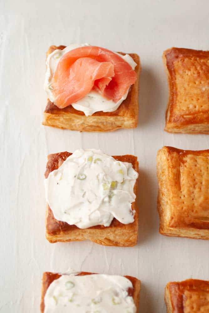 puff pastry squares with cream cheese and smoked salmon