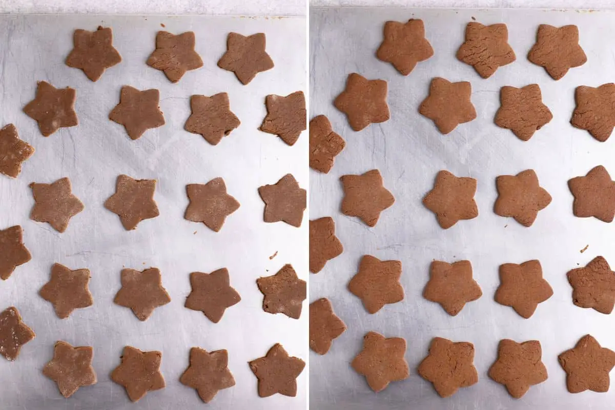 galletas en forma de estrella de jengibre sobre bandejas.